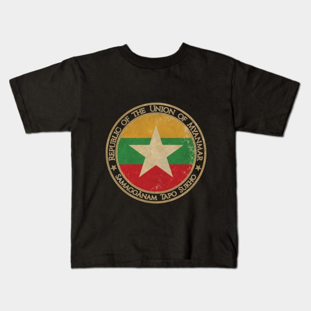 Vintage Republic of the Union of Myanmar Asia Asian Flag Kids T-Shirt by DragonXX